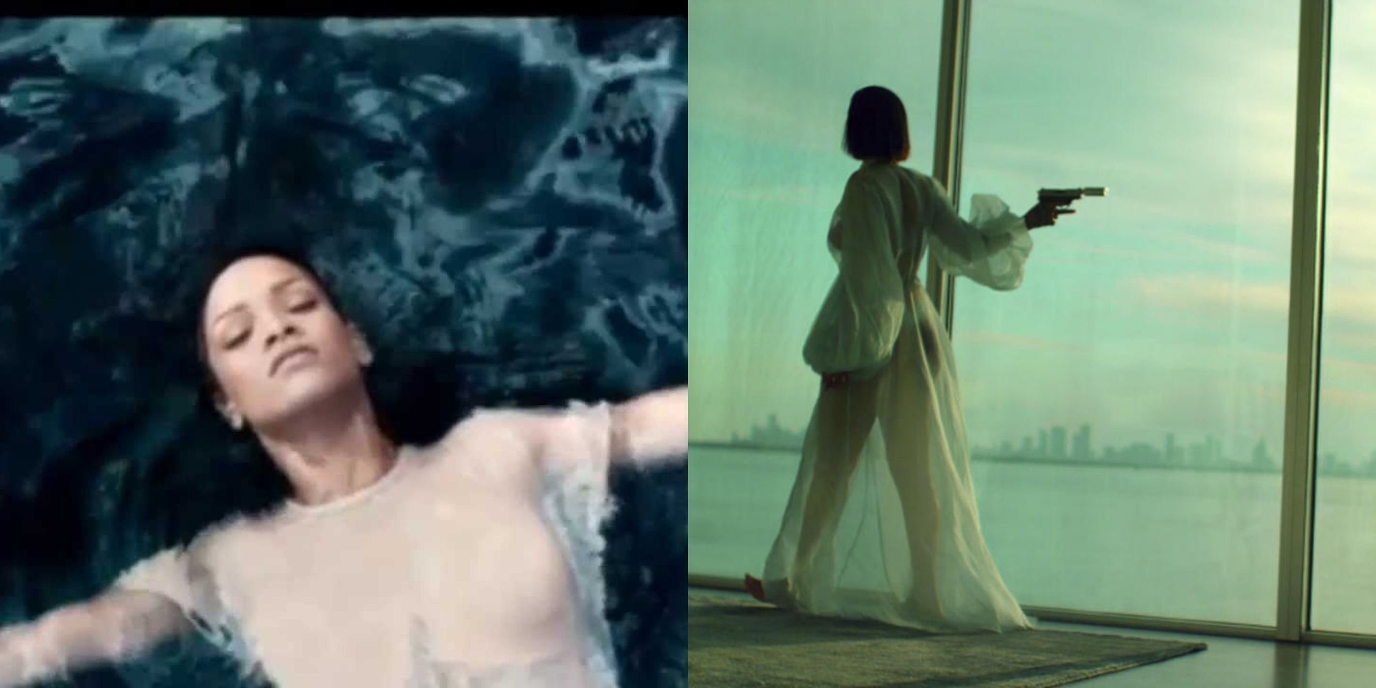 Split image of Rihanna in the music videos For Diamonds and Needed Me