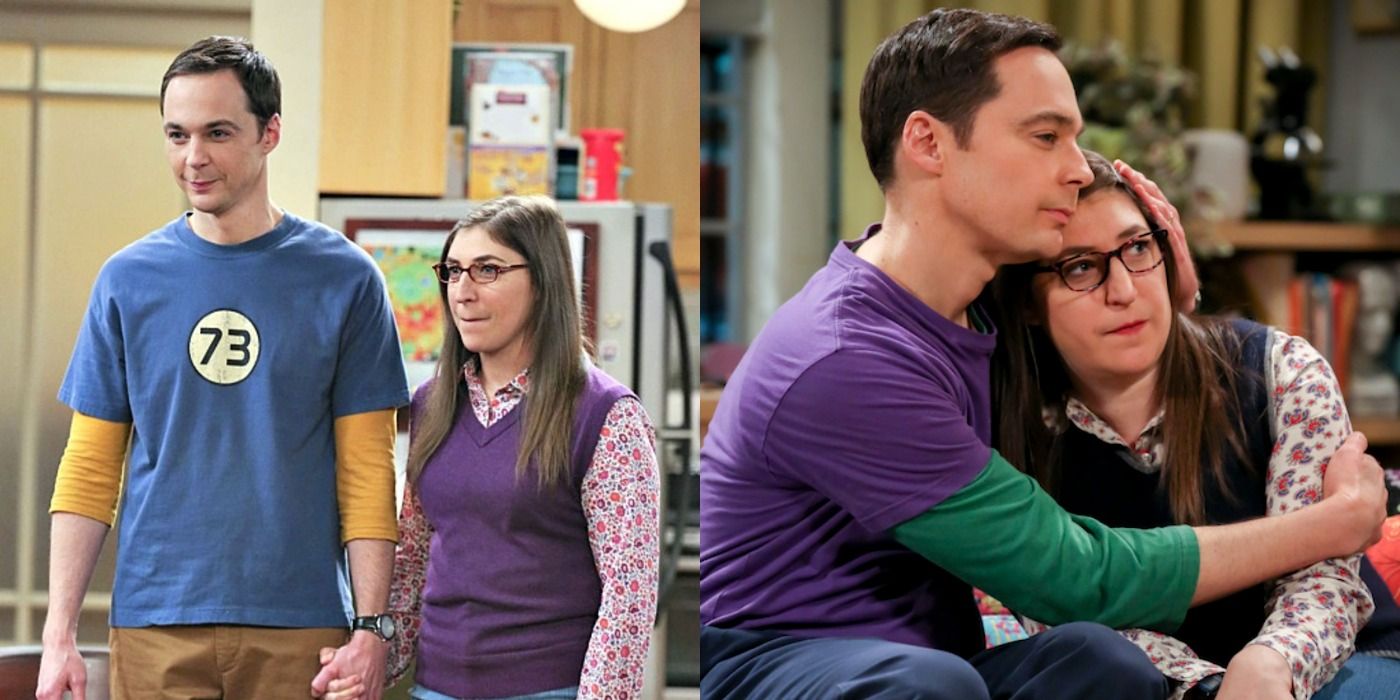 Split image with 2 images of Sheldon and Amy from the Big Bang Theory