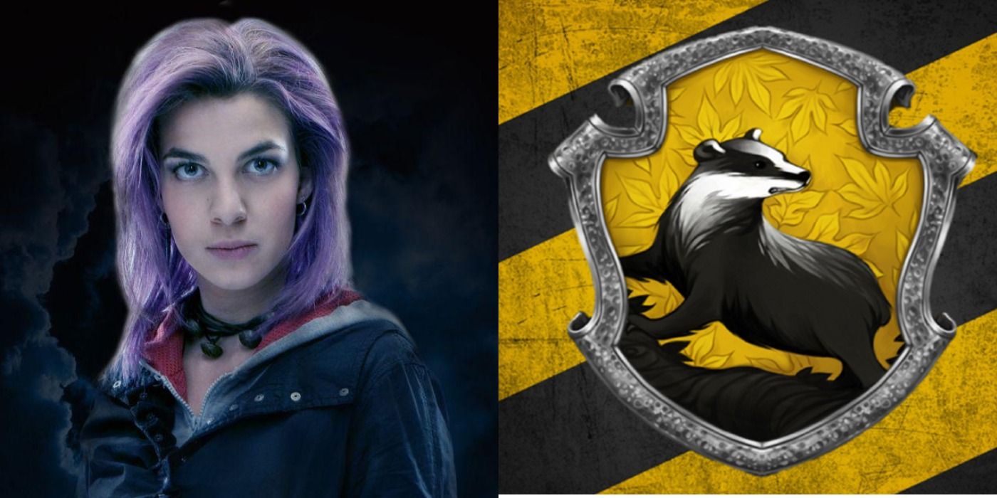 Split image of Nymphadora Tonks and the Hufflepuff Crest from Harry Potter