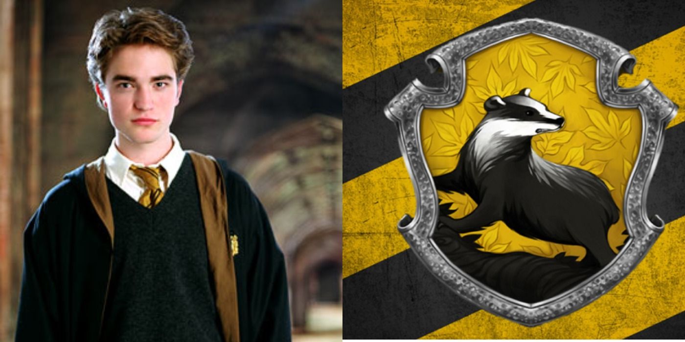 Split image of Cedric Diggory and the Hufflepuff Crest from Harry Potter