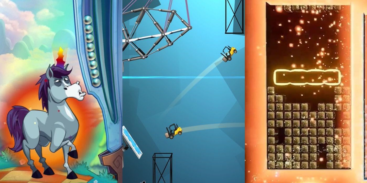 Split image of gameplay from Peggle, Bridge Constructor, and Tetris