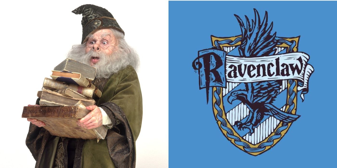 Split image of Professor Flitwick and the Ravenclaw Crest from Harry Potter