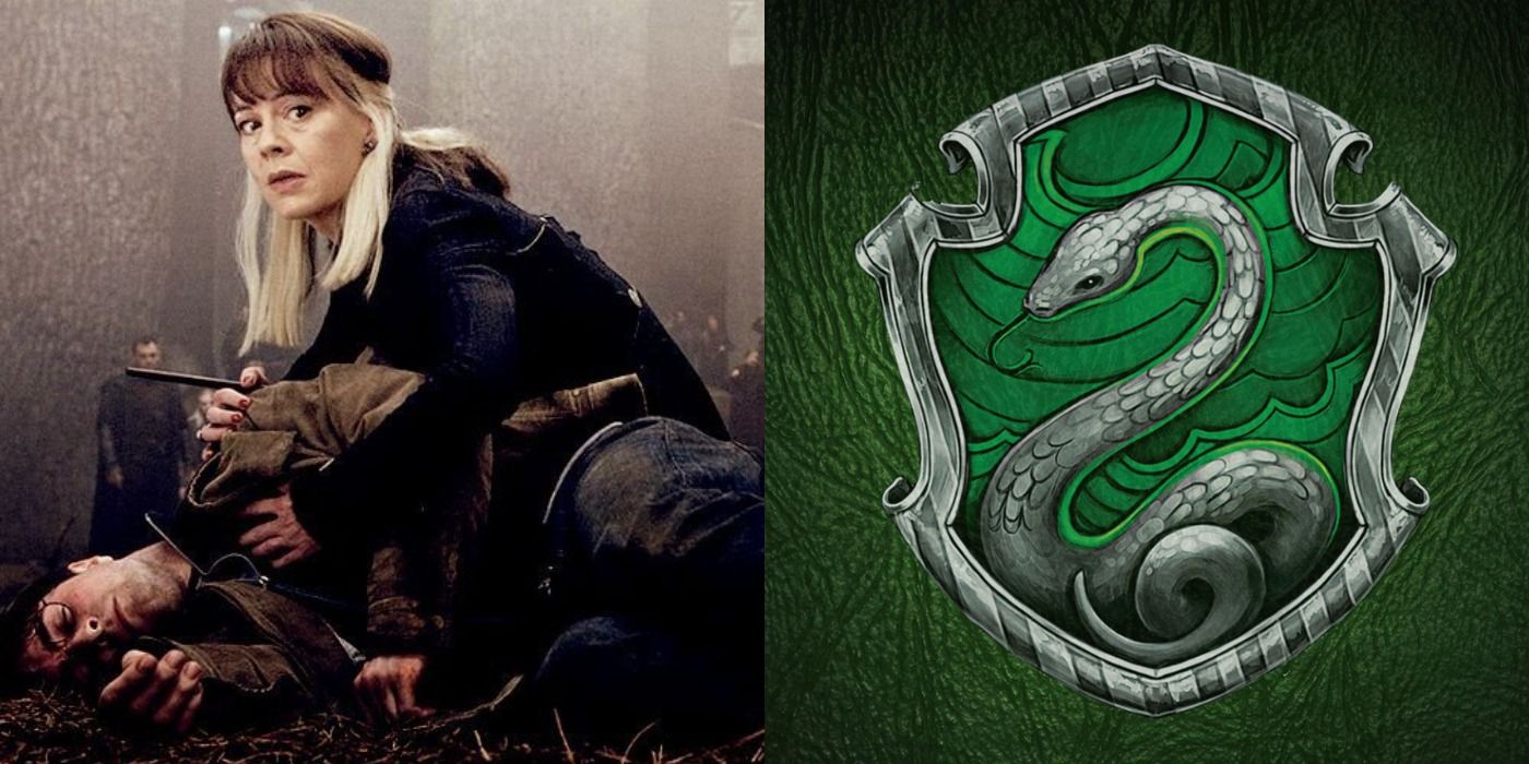 Split image of Narcissa Malfoy and the Slytherin Crest from Harry Potter