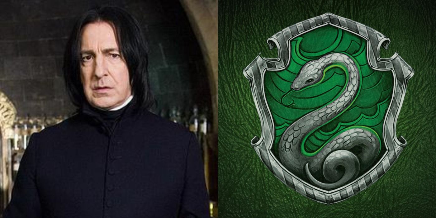 Split image of Severus Snape and the Slytherin Crest from Harry Potter