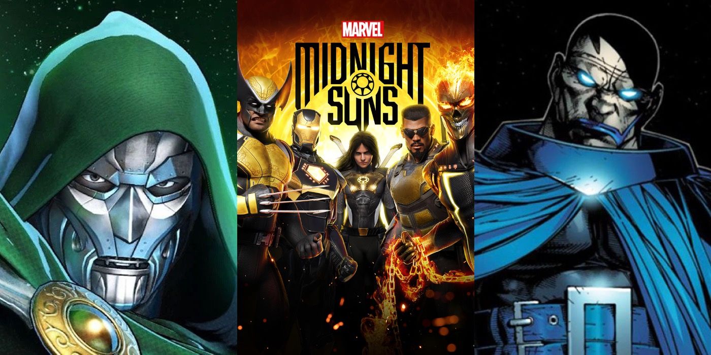 Split image of Doctor Doom, the Midnight Suns logo, and Apocalypse