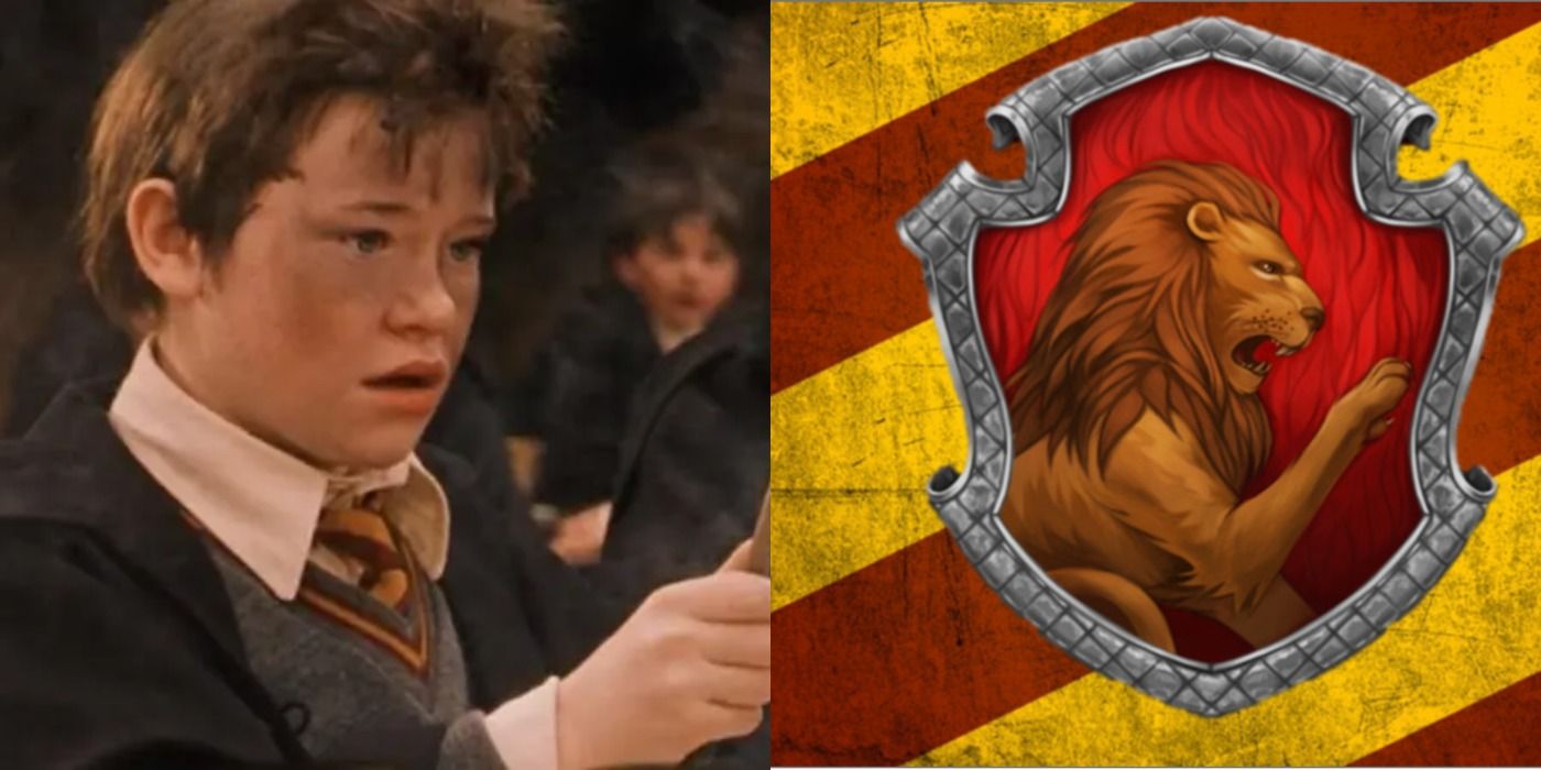 Split image of Seamus Finnegan and the Gryffindor Crest from Harry Potter