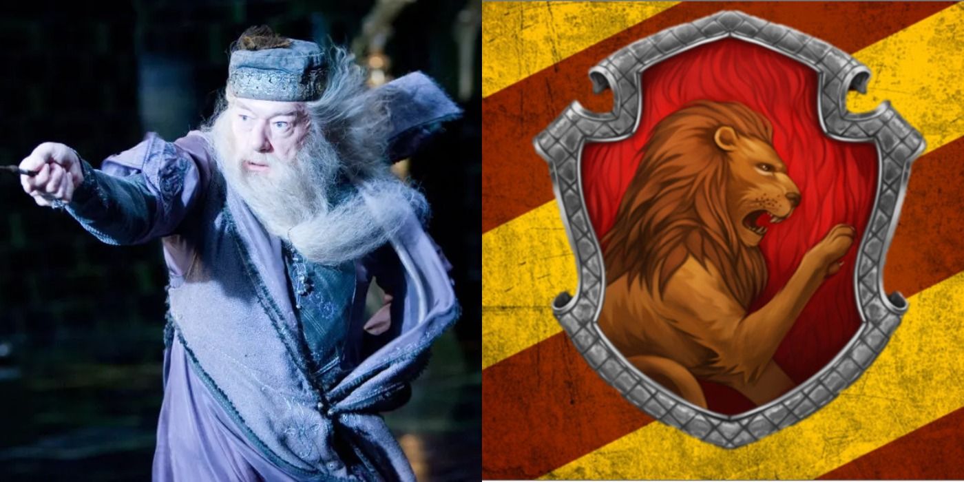 Split image of Albus Dumbledore and the Gryffindor Crest from Harry Potter