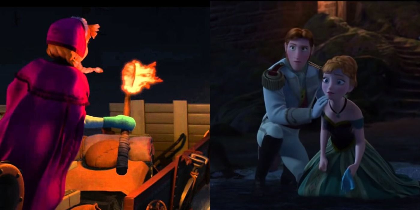 Split image with Anna in a sleigh on the left and Anna and Hans on the right, both from Frozen