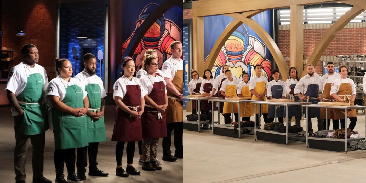 Two images of the contestants from Top Chef in team colors from their first episodes