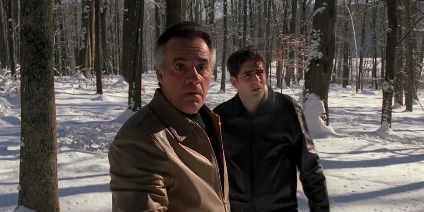 Paulie and Chris in a snowy forest in The Sopranos