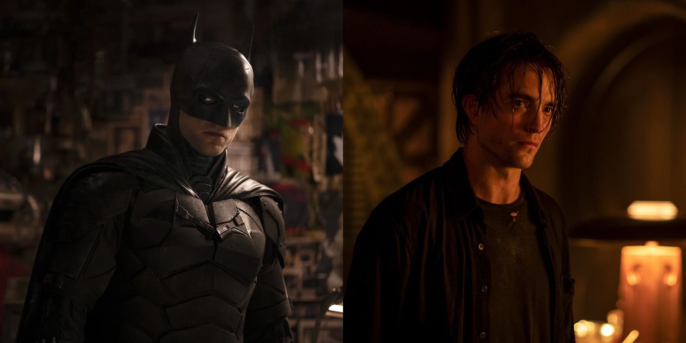 Split image of Bruce Wayne as Batman and unmasked in The Batman