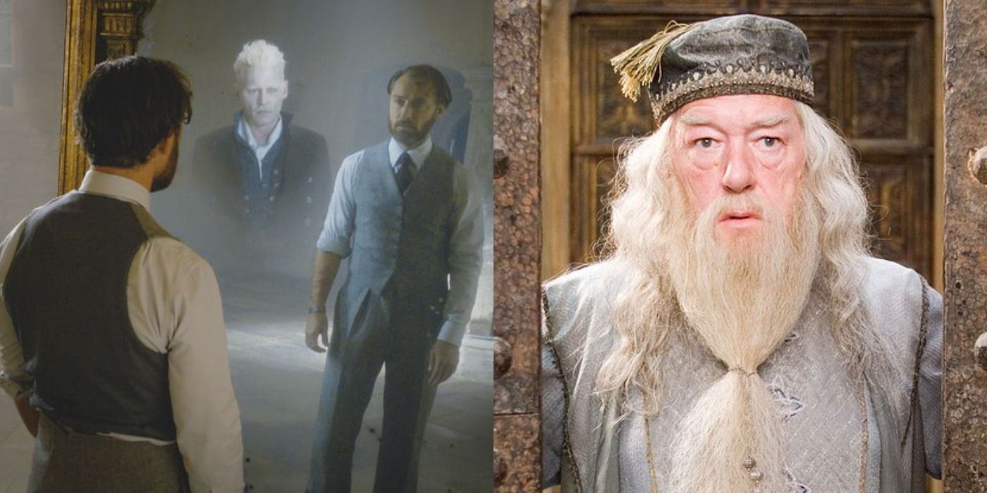 Split image of young Dumbledore seeing himself with Grindelwald in the Mirror of Erised and an older Dumbledore framed by a door