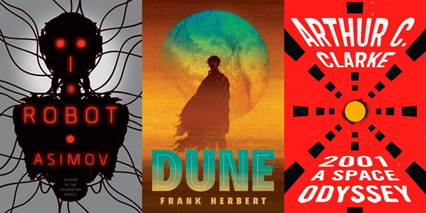 Split image of the book covers for I Robot, Dune, and 2001 A Space Odyssey