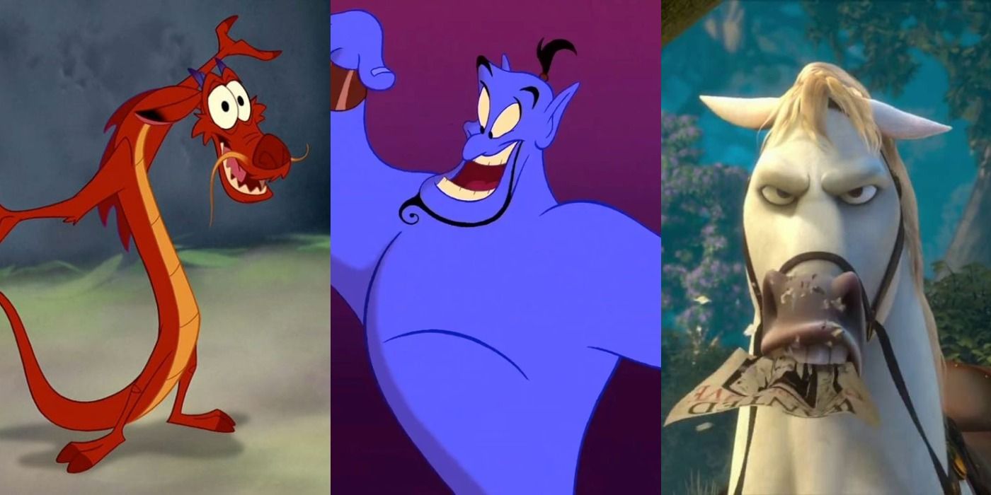 Split image of Mushu, Genie and Maximus - Disney Sidekick