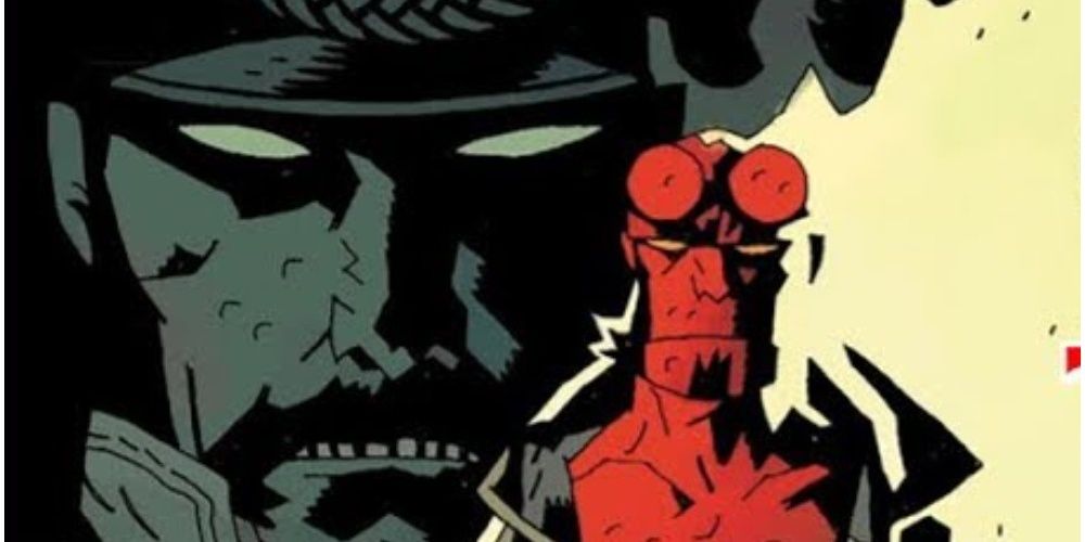 Hellboy standing with shadow of Vladimir Giurescu superimposed over his shoulder