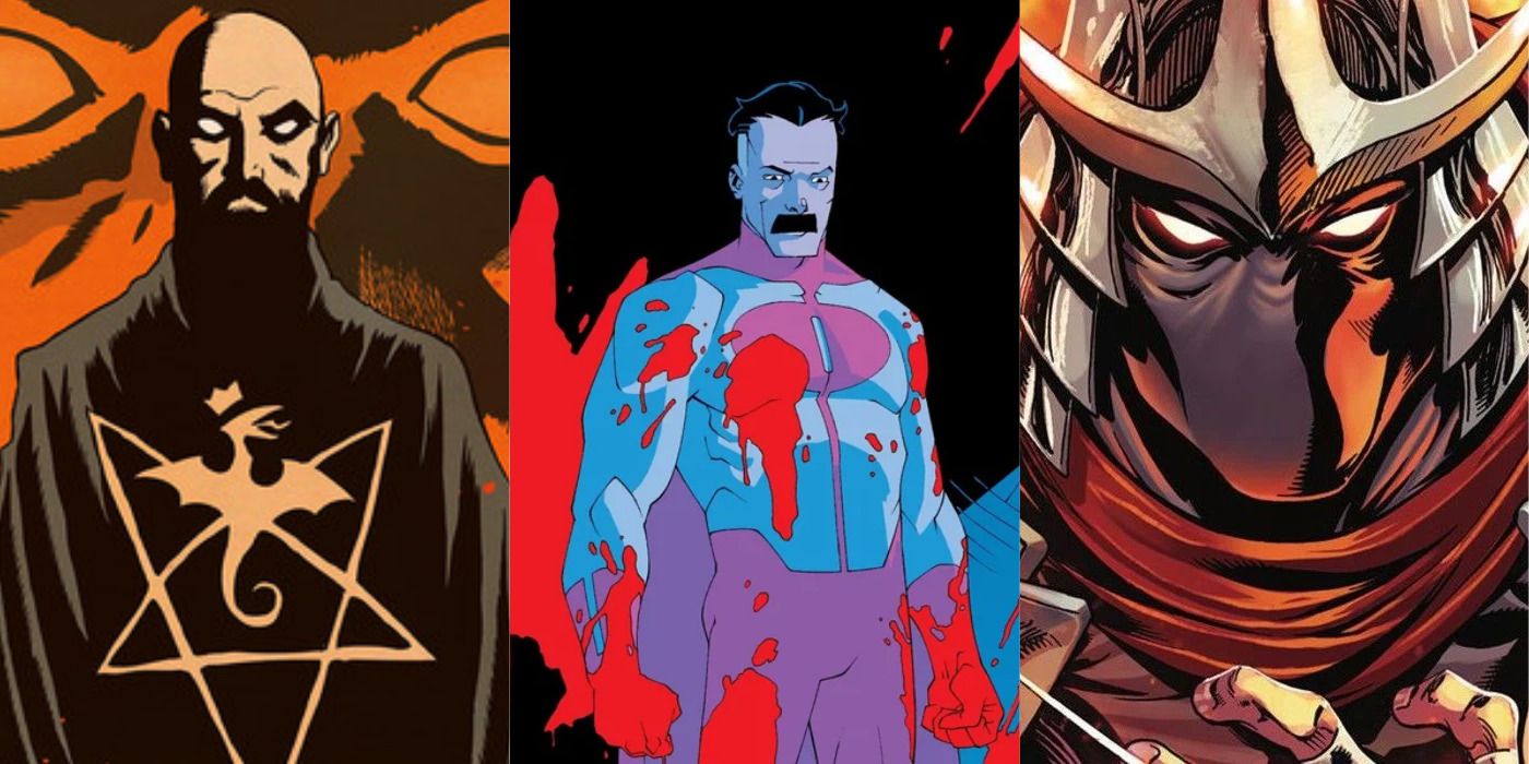 Three side by side images of comic book villains.