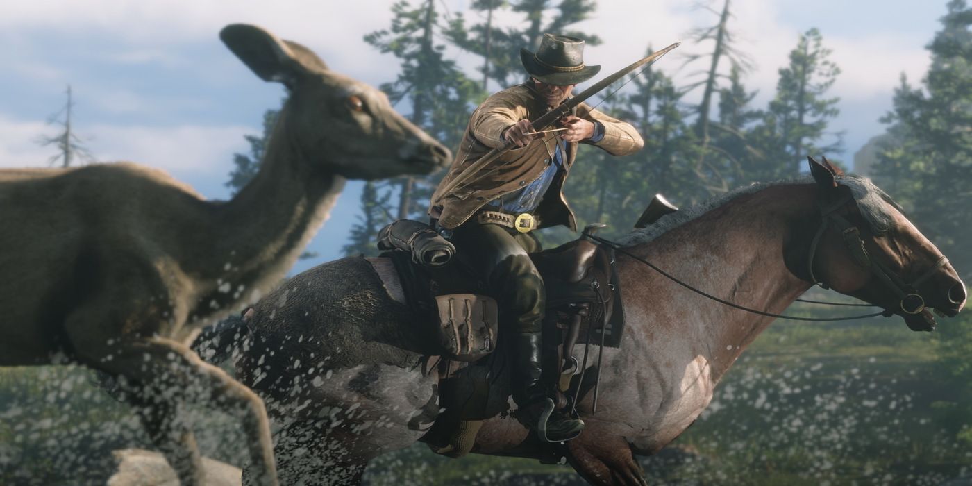 Arthur from Red Dead Redemption 2 hunting a deer from horseback