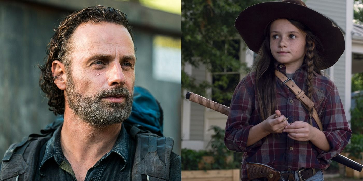 Split image of Rick and Judith Grimes from The Walking Dead