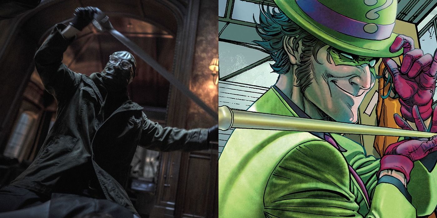 A split image depicts Riddler in The Batman and in DC Comics