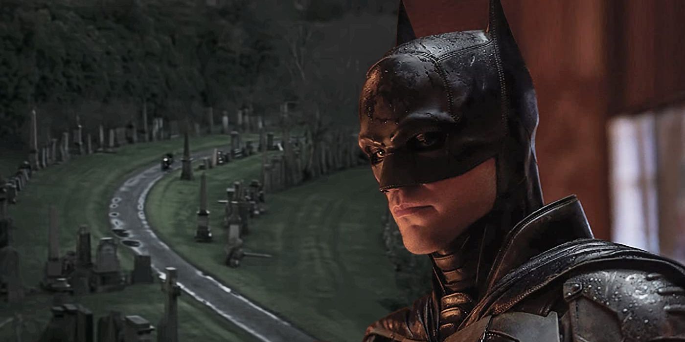 Robert Pattinson in The Batman and The Batman cemetery scene