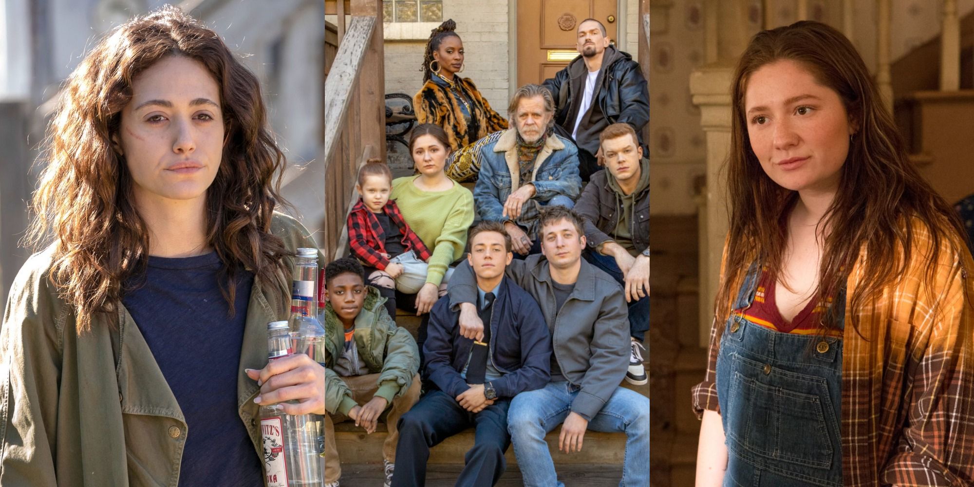 Side by side image of Fiona, the Gallagher clan sitting on the front steps, and Debbie in Shameless