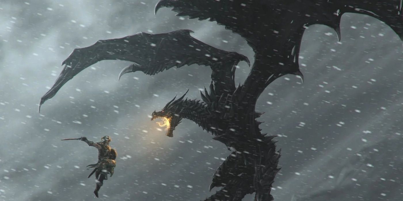 Dovahkin fighting a dragon in Skyrim