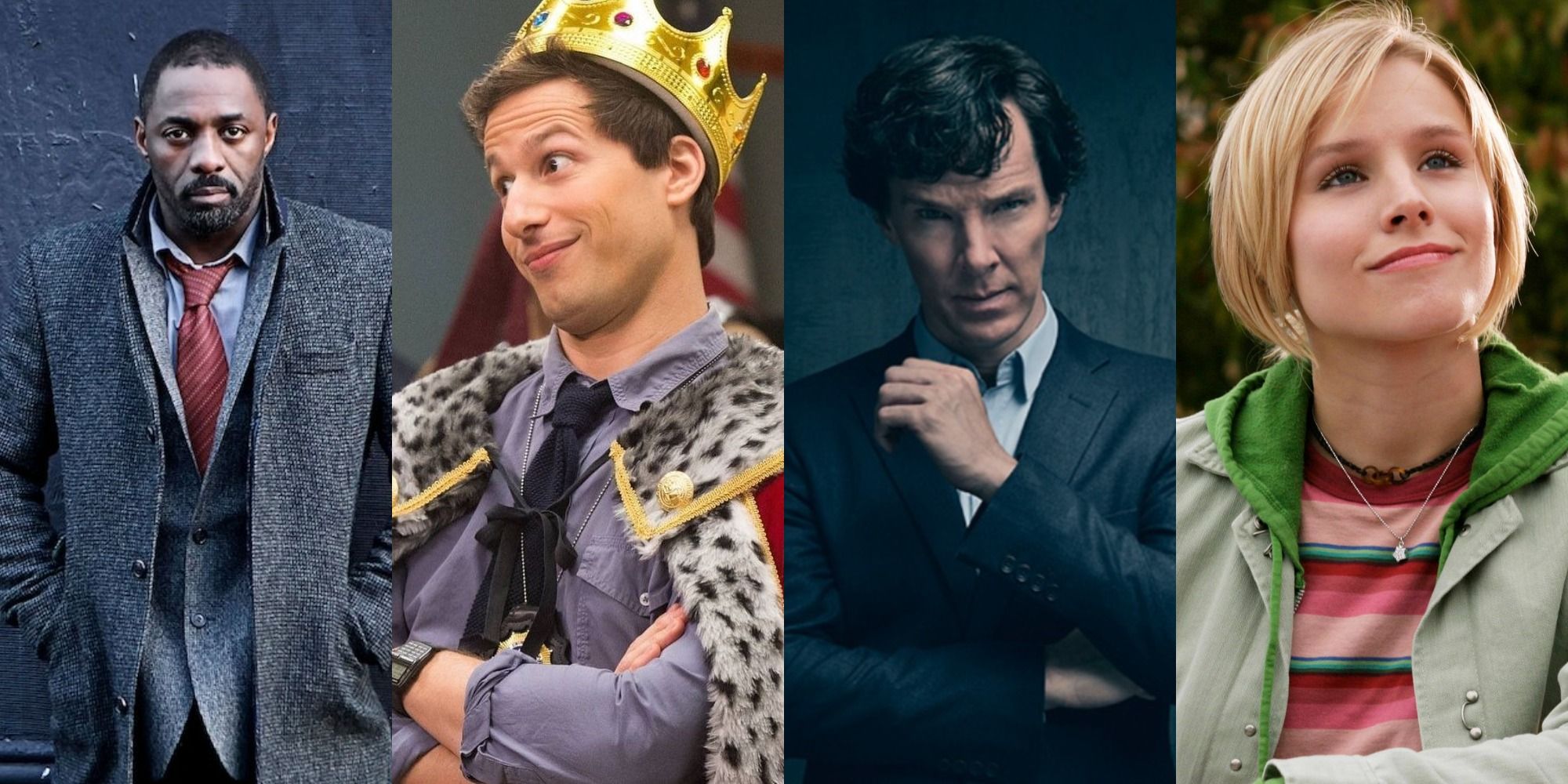 Side by side image of Luther, Jake Peralta, Sherlock Holmes, and Veronica Mars