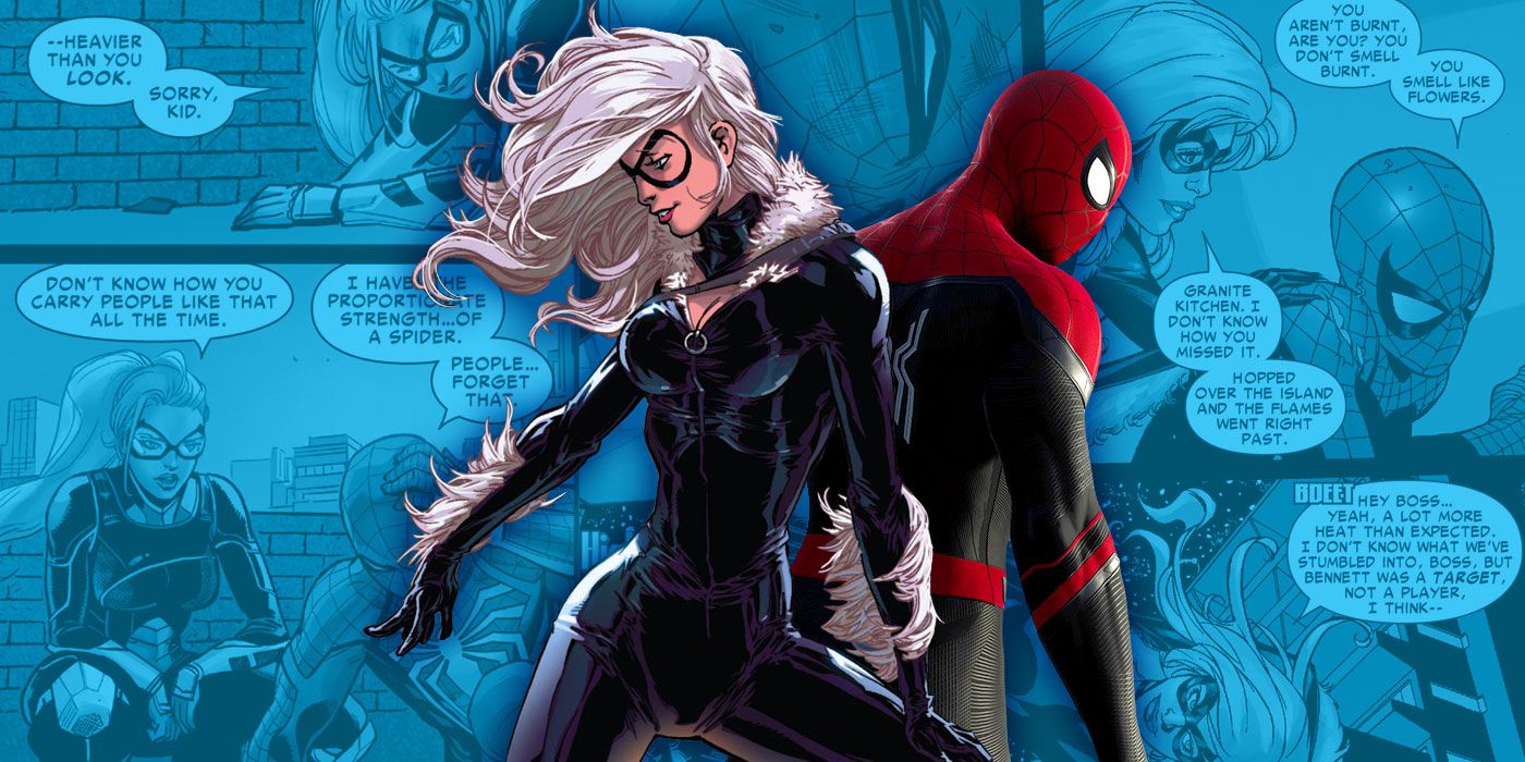 Montage of Spider-Man and Black Cat over a set of comic panels.