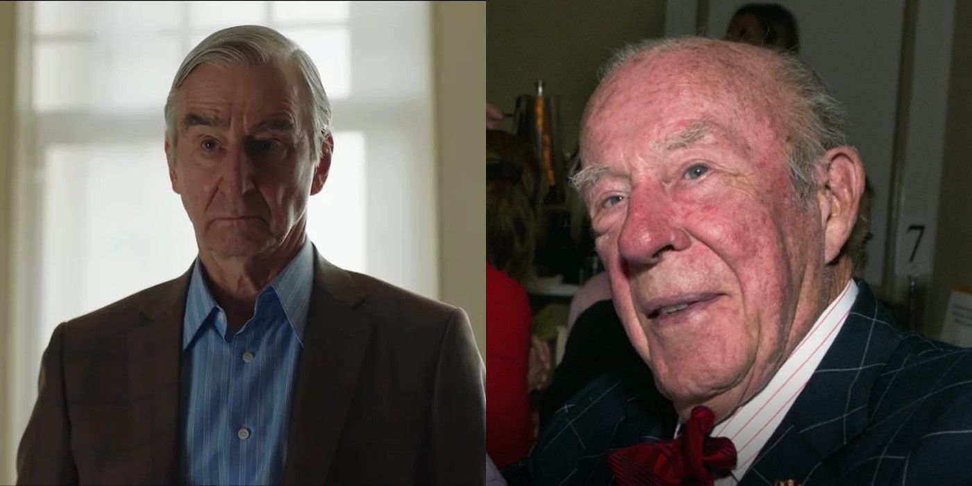 Split image of Sam Waterson in The Dropout and George Shultz