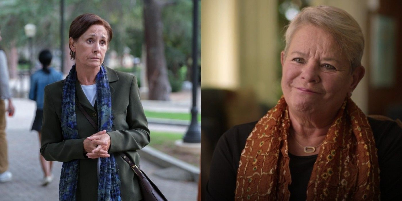 Split image of Laurie Metcalf in The Dropout and Phyllis Gardner
