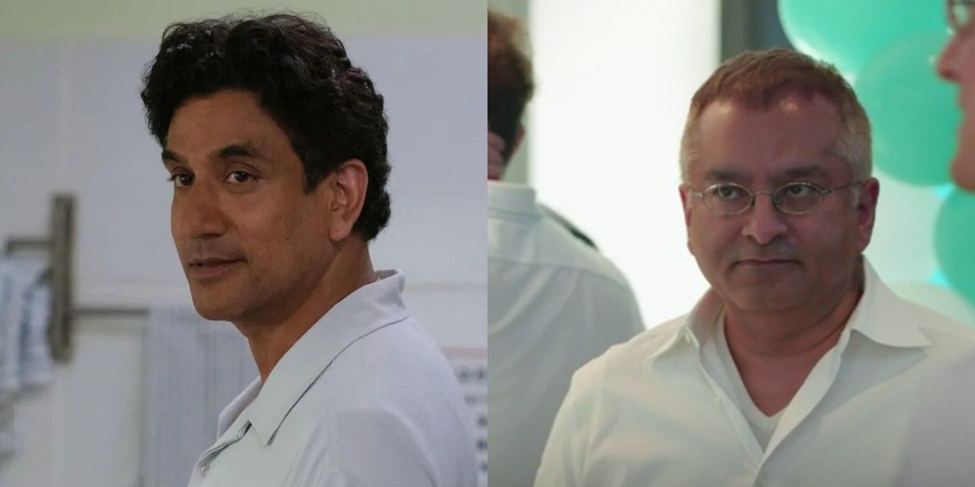 Split image of Naveen Andrews in The Dropout and Sunny Balwani.