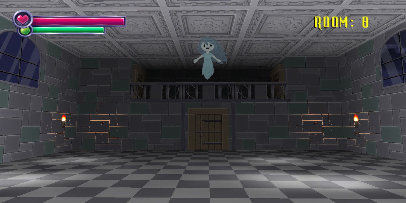 Uma captura de tela de Spooky conhecendo o jogador pela primeira vez no início de Spooky's Jump Scare Mansion