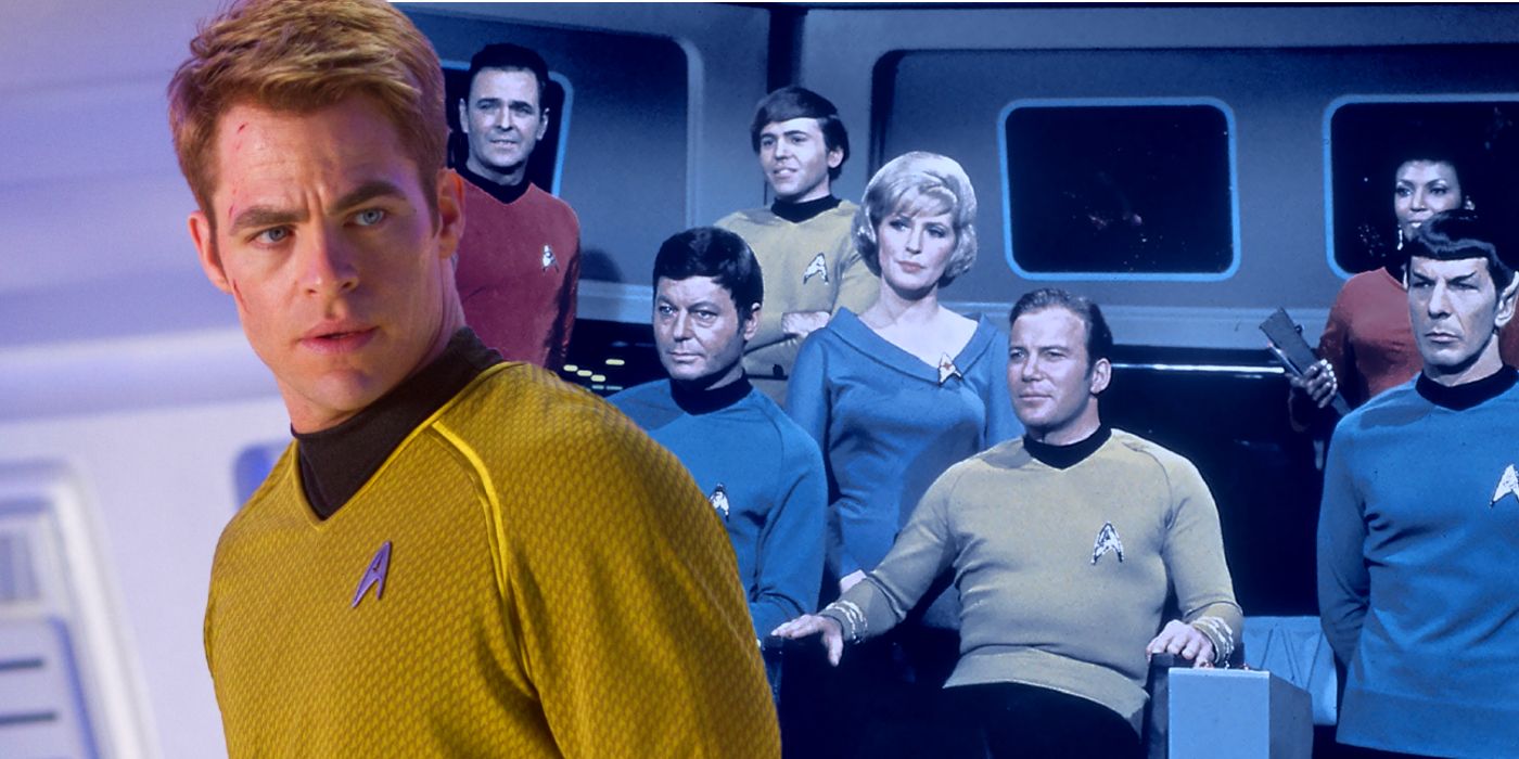 Chris Pine as James T Kirk with the cast of Star Trek The Original Series