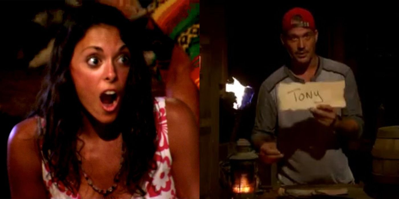 Eliza looking shocked, and Boston Rob voting for Tony on Survivor