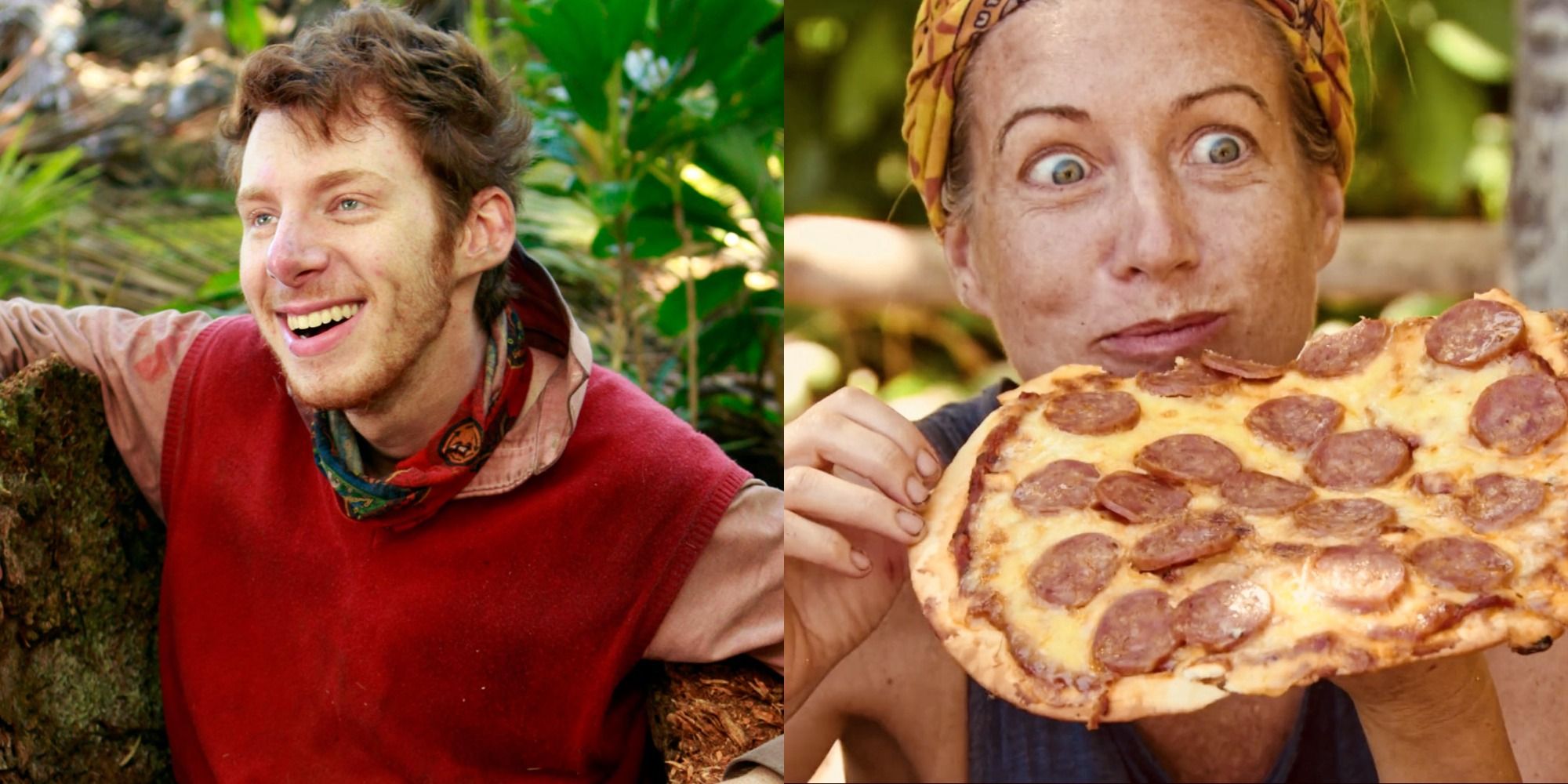 Split image of John Cochran in his red sweater and a contestant being excited about pizza on Survivor