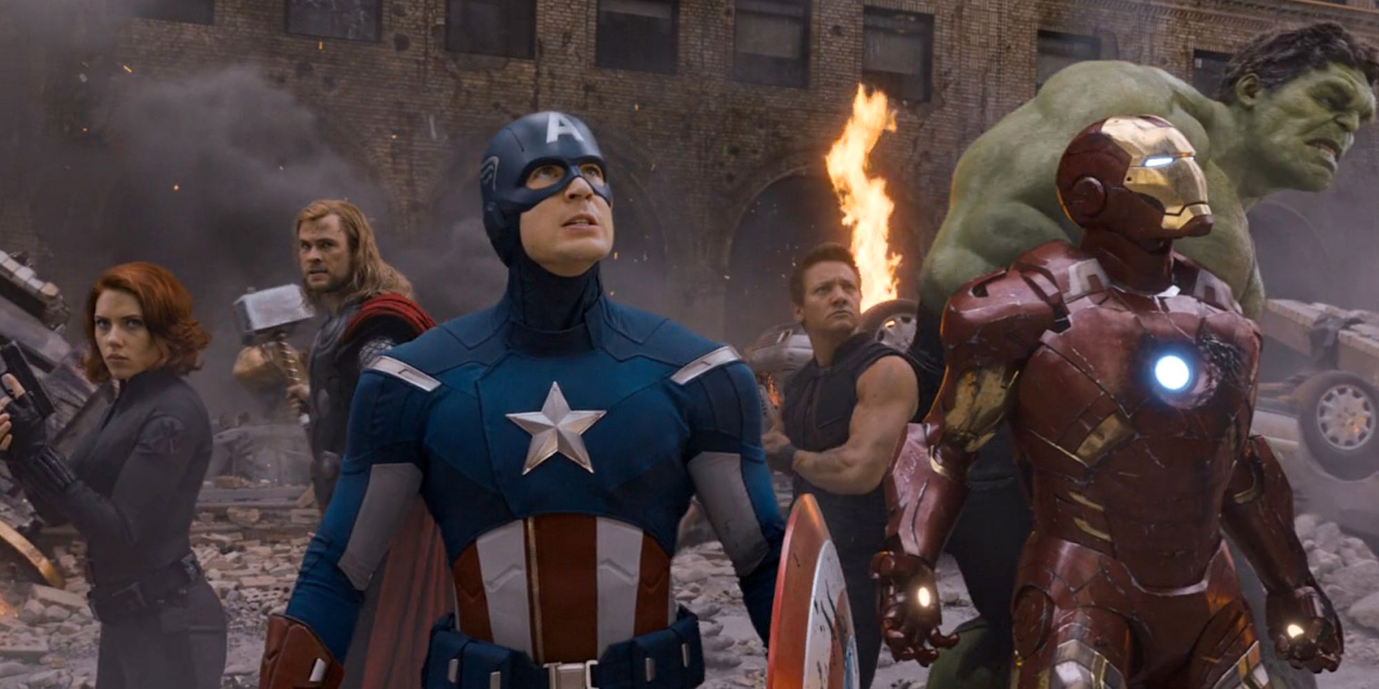 Black Widow, Thor, Captain America. Hawkeye, Iron Man, and Hulk stand in the middle of New York in Avengers