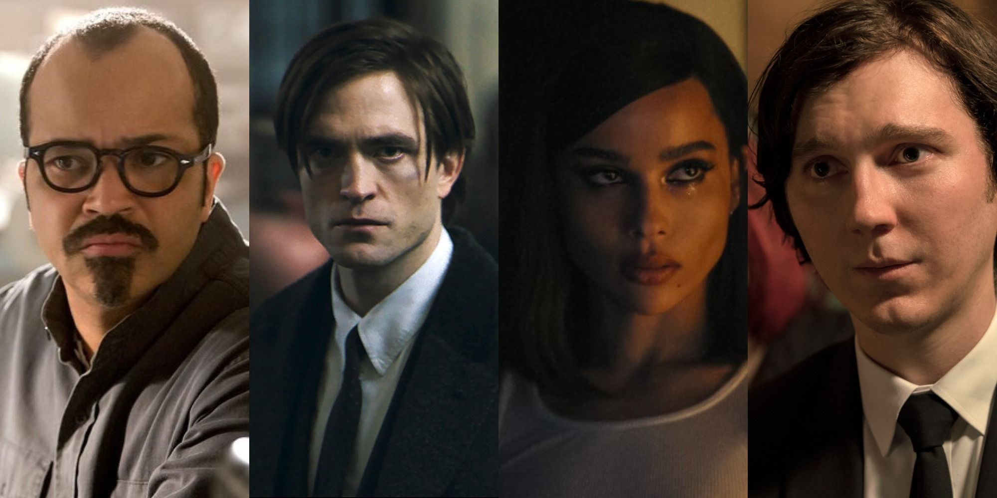 Side by side images of Jeffrey Wright, Robert Pattinson, Zoe Kravitz, and Paul Dano