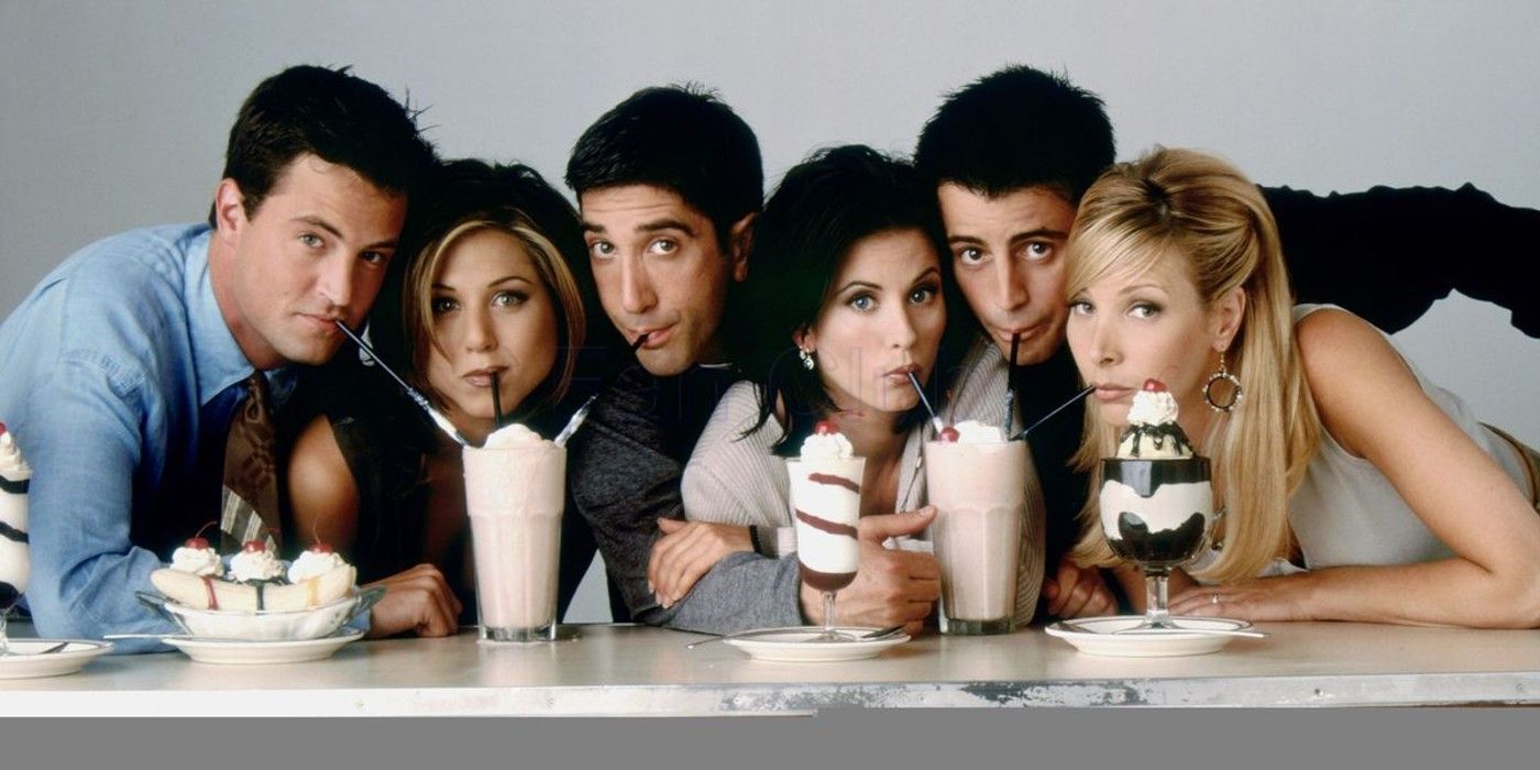 the cast of Friends posing with milkshakes