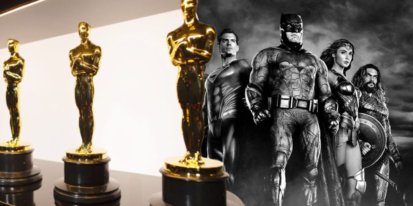 the cast of zack snyders justice league alongside academy award trophies