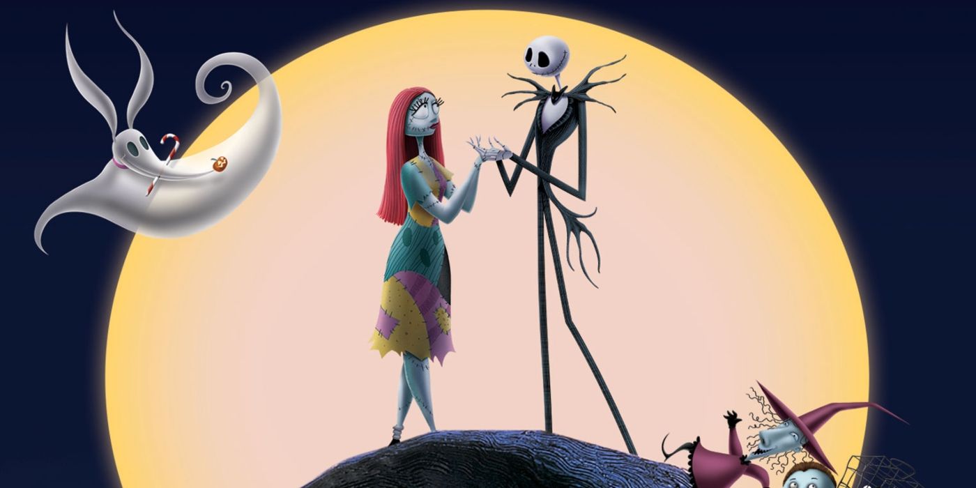 Chris Sarandon as Jack and Catherine O'Hara as Sally with the moon behind them in The Nightmare Before Christmas.