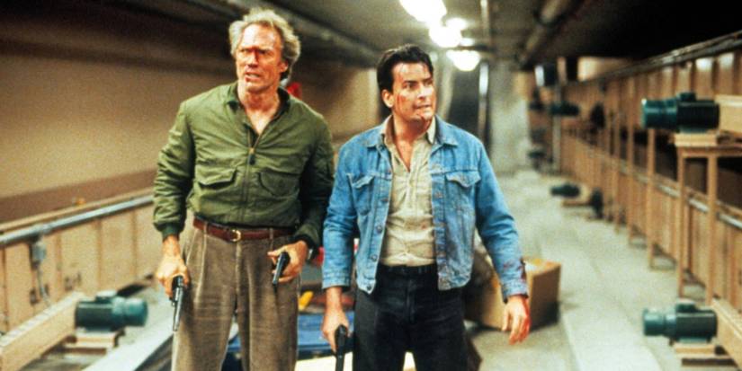 A bloody Clint Eastwood and Charlie Sheen in an airport in The Rookie
