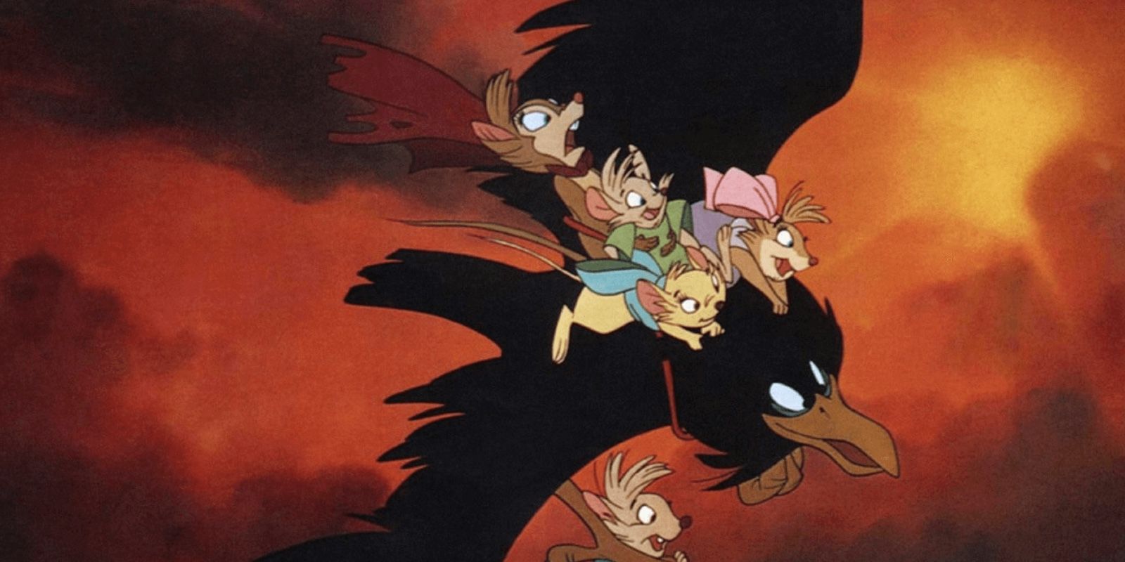 Characters in The Secret Of Nimh holding onto a bird