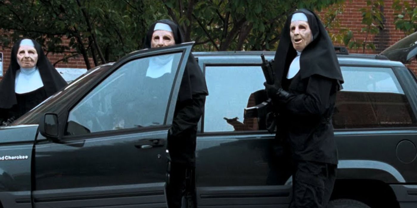 Robbers in nun costumes getting into a jeep in The Town.