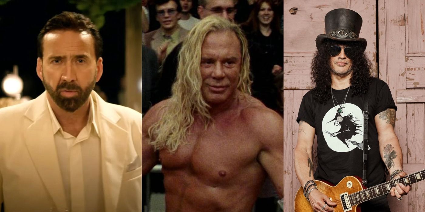 Collage of Slash, Nic Cage, and Mickey Rourke in The Wrestler.
