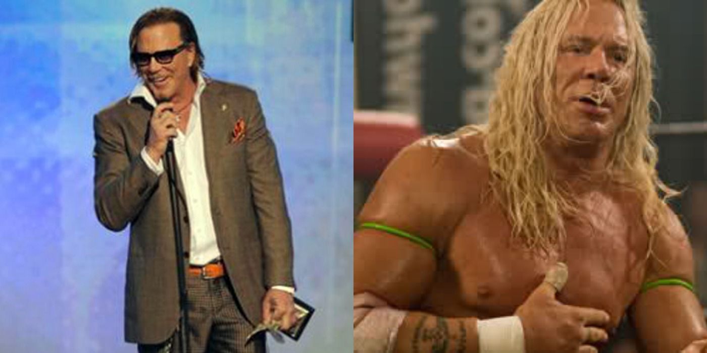 Split image of Mickey Rourke in The Wrestler and accepting a Spirit Award.