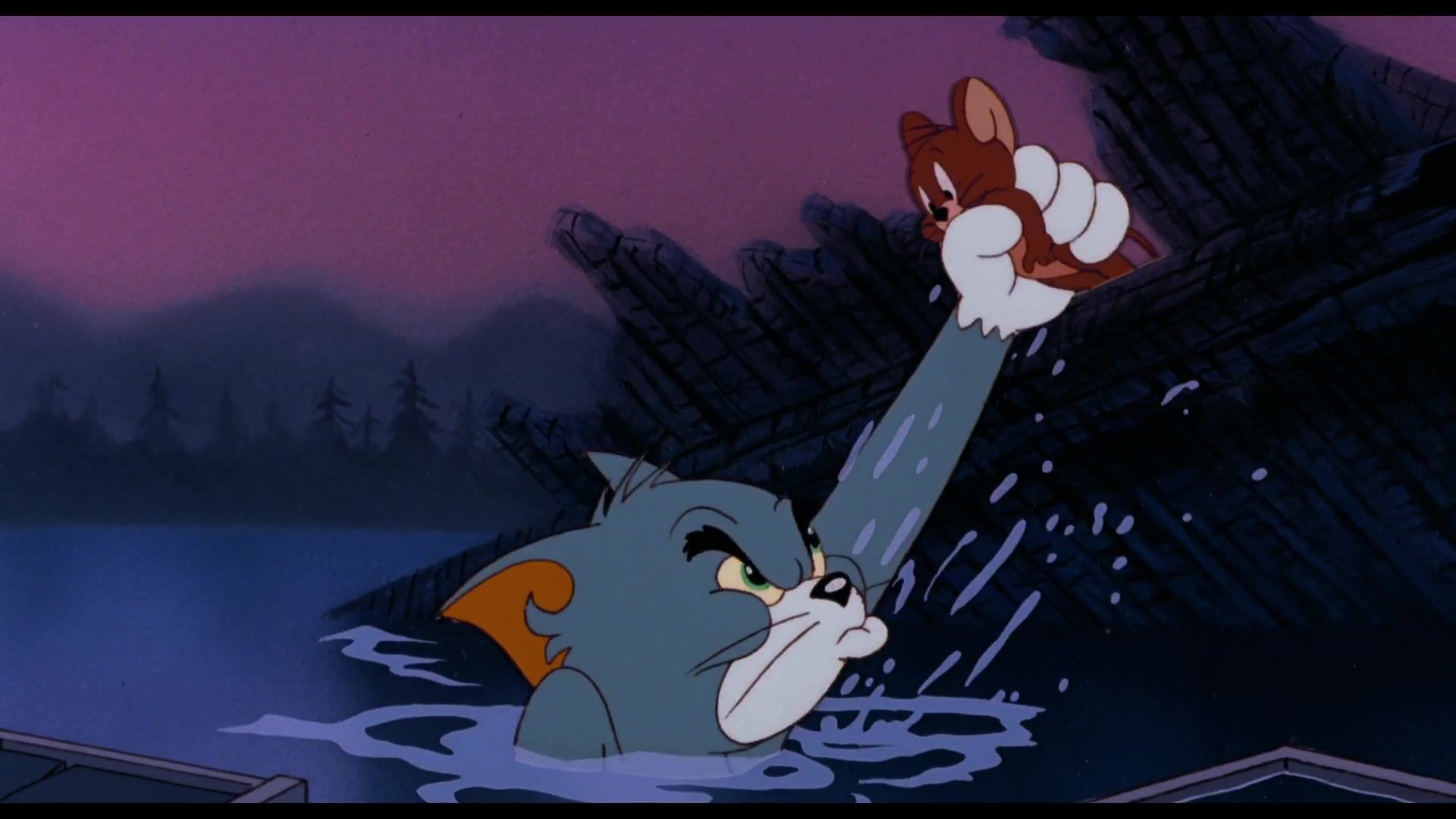 Tom swimming and holing Jerry above water