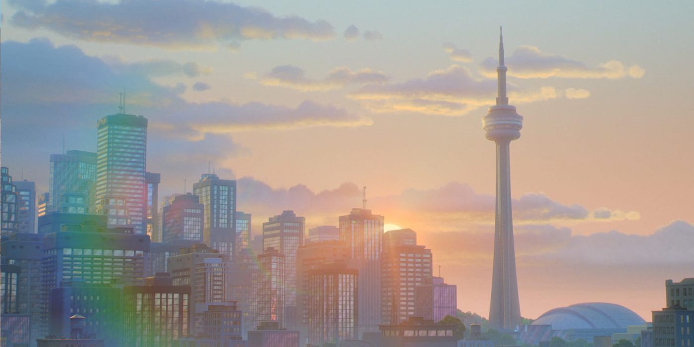 A night scene showing the CN Tower in a scene from Turning Red.