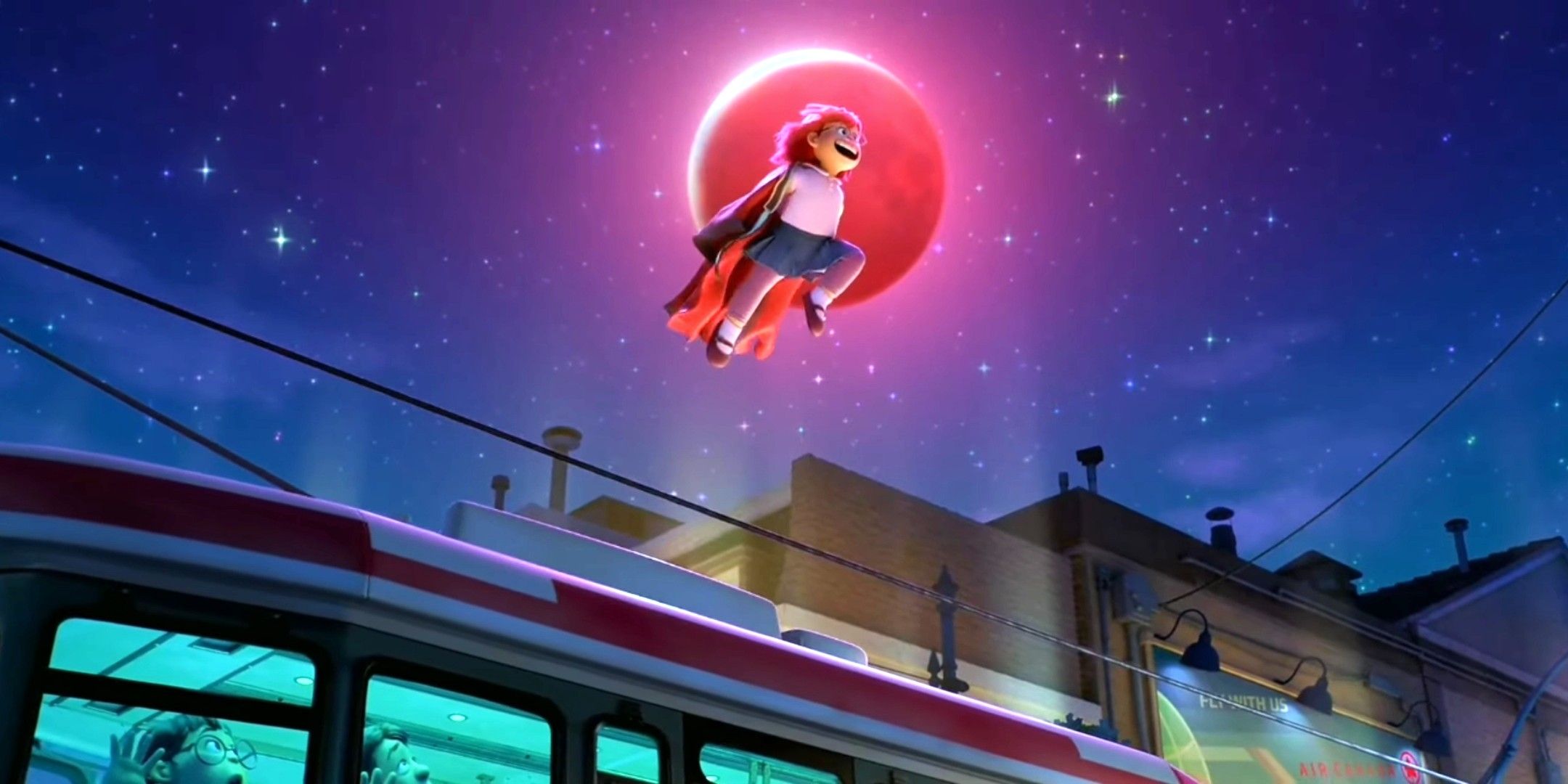 Mei flying through the sky crossing the red moon in Turning Red