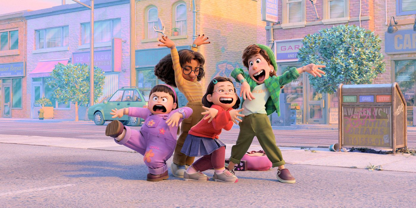 Mei, Miriam, Priya, and Abby posing together in the street in Turning Red