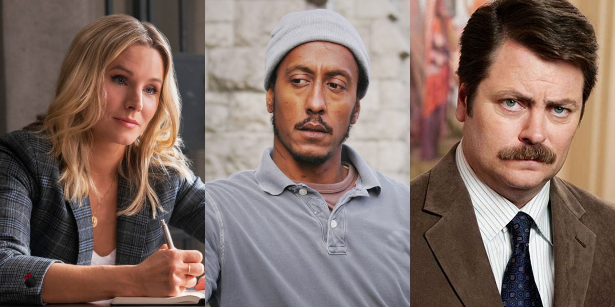 Split image of Kristen Bell, Andre Royo, and Nick Offerman
